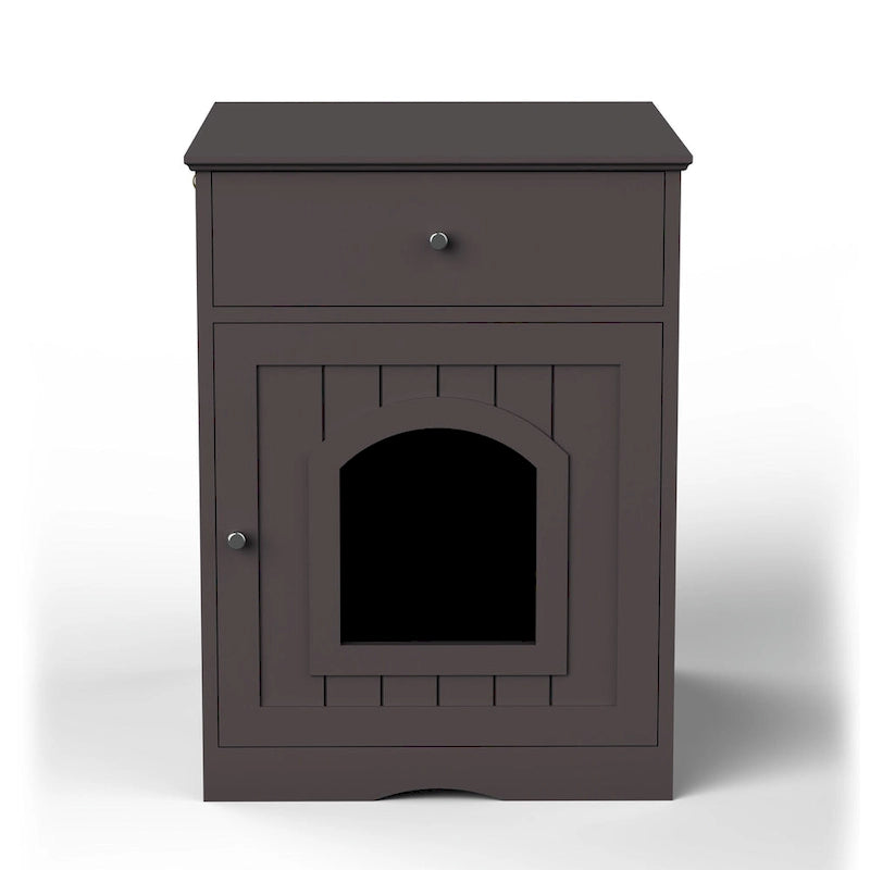 Wooden Pet House Cat Litter Box Enclosure with Drawer, Side Table, Indoor Pet Crate, Cat Home (Brown)