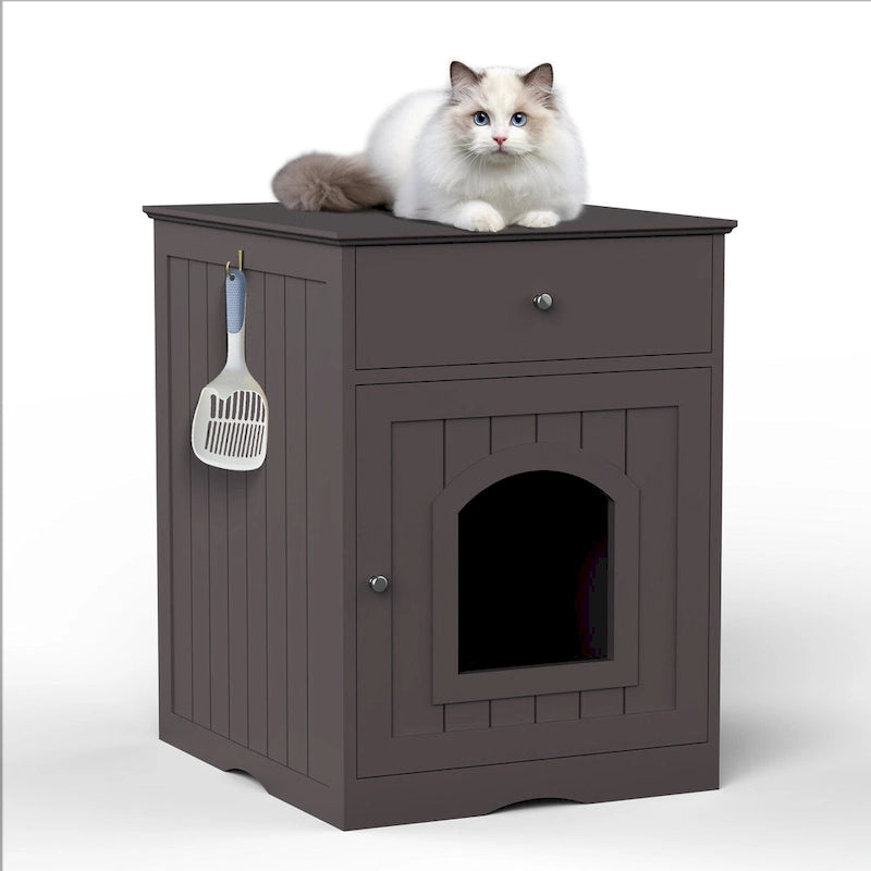 Wooden Pet House Cat Litter Box Enclosure with Drawer, Side Table, Indoor Pet Crate, Cat Home (Brown)