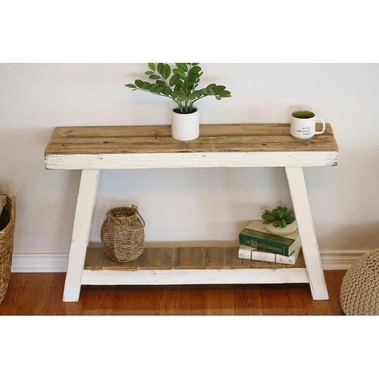 Rustic Farmhouse A-Frame Console Table with Lower Shelf, White and Natural Wood, 46 in
