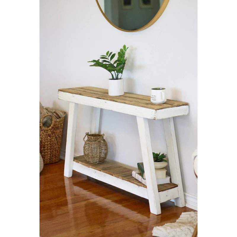 Rustic Farmhouse A-Frame Console Table with Lower Shelf, White and Natural Wood, 46 in