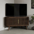 Walnut Corner TV Stand with Fluted Doors and Gold Handles, Mid-Century Style