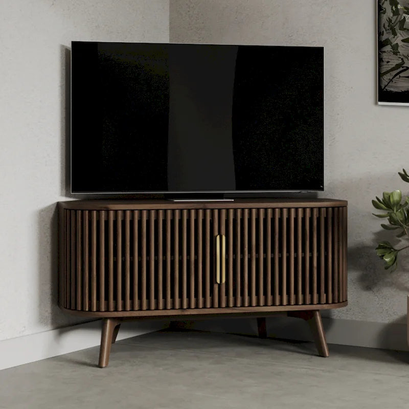 Walnut Corner TV Stand with Fluted Doors and Gold Handles, Mid-Century Style