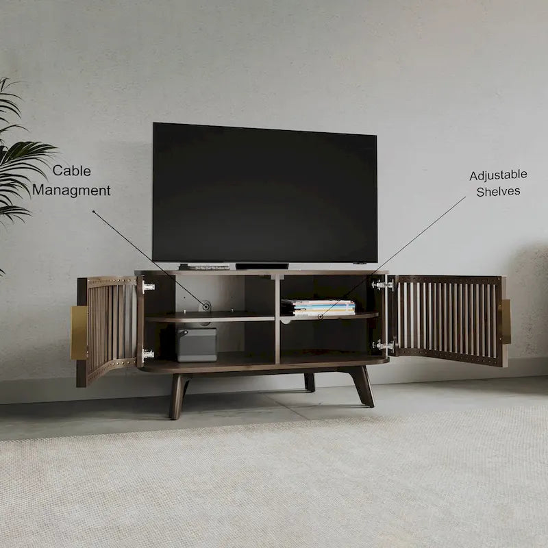Walnut Corner TV Stand with Fluted Doors and Gold Handles, Mid-Century Style