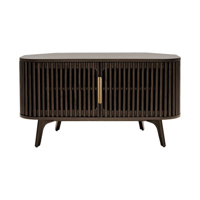 Walnut Corner TV Stand with Fluted Doors and Gold Handles, Mid-Century Style