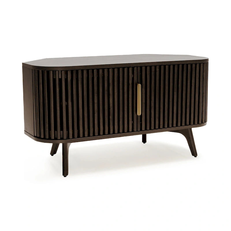 Walnut Corner TV Stand with Fluted Doors and Gold Handles, Mid-Century Style