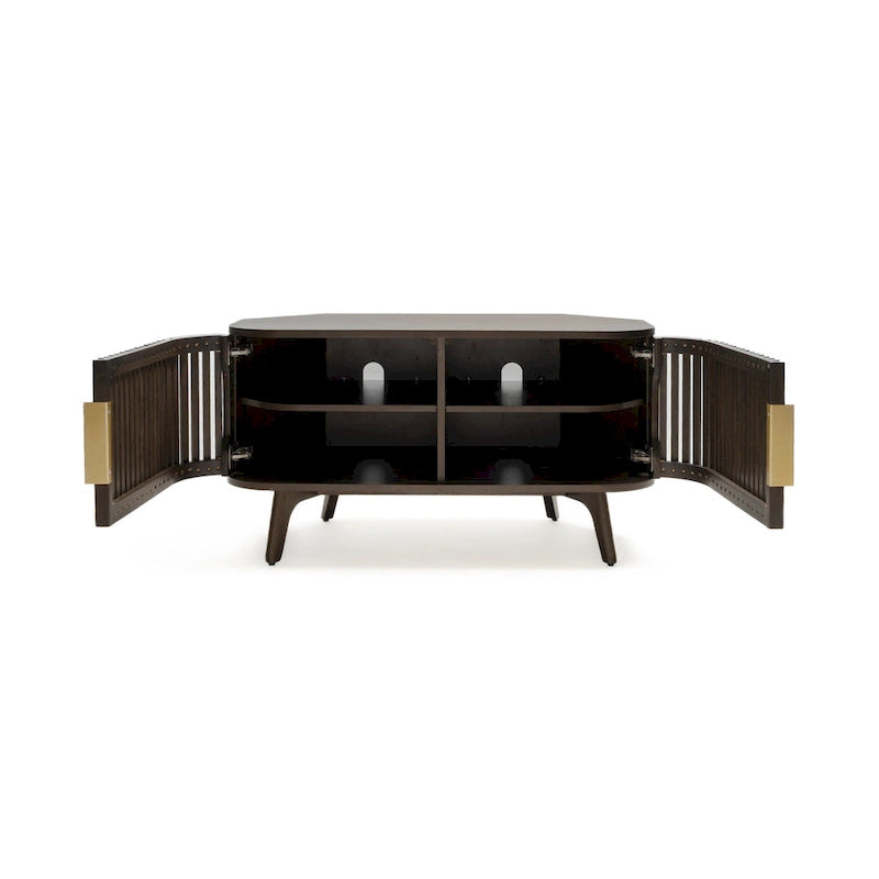 Walnut Corner TV Stand with Fluted Doors and Gold Handles, Mid-Century Style