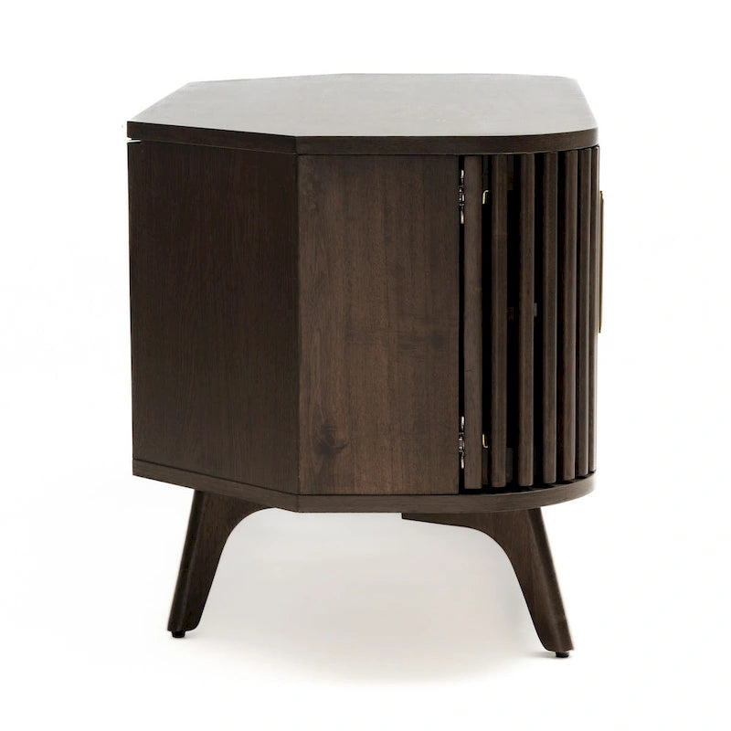 Walnut Corner TV Stand with Fluted Doors and Gold Handles, Mid-Century Style