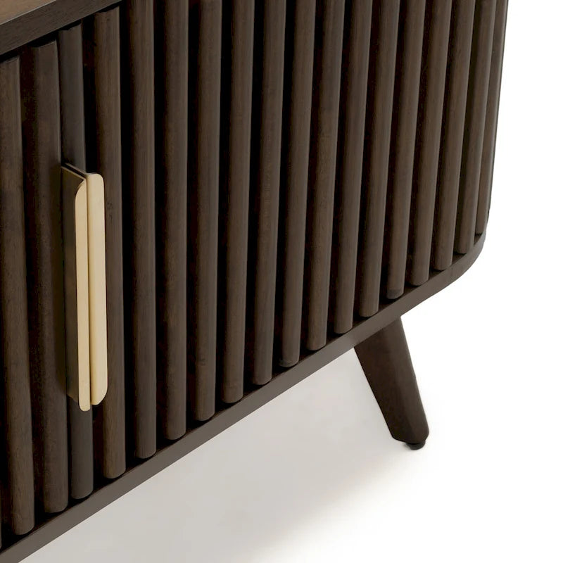 Walnut Corner TV Stand with Fluted Doors and Gold Handles, Mid-Century Style