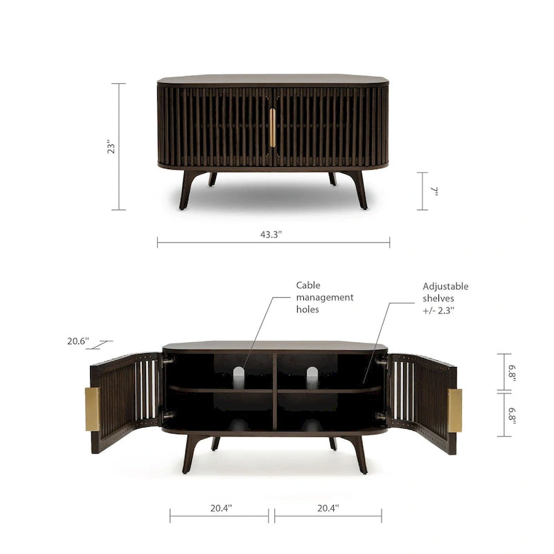 Walnut Corner TV Stand with Fluted Doors and Gold Handles, Mid-Century Style