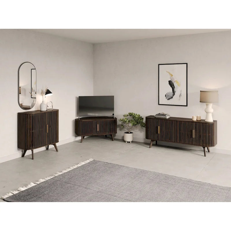 Walnut Corner TV Stand with Fluted Doors and Gold Handles, Mid-Century Style