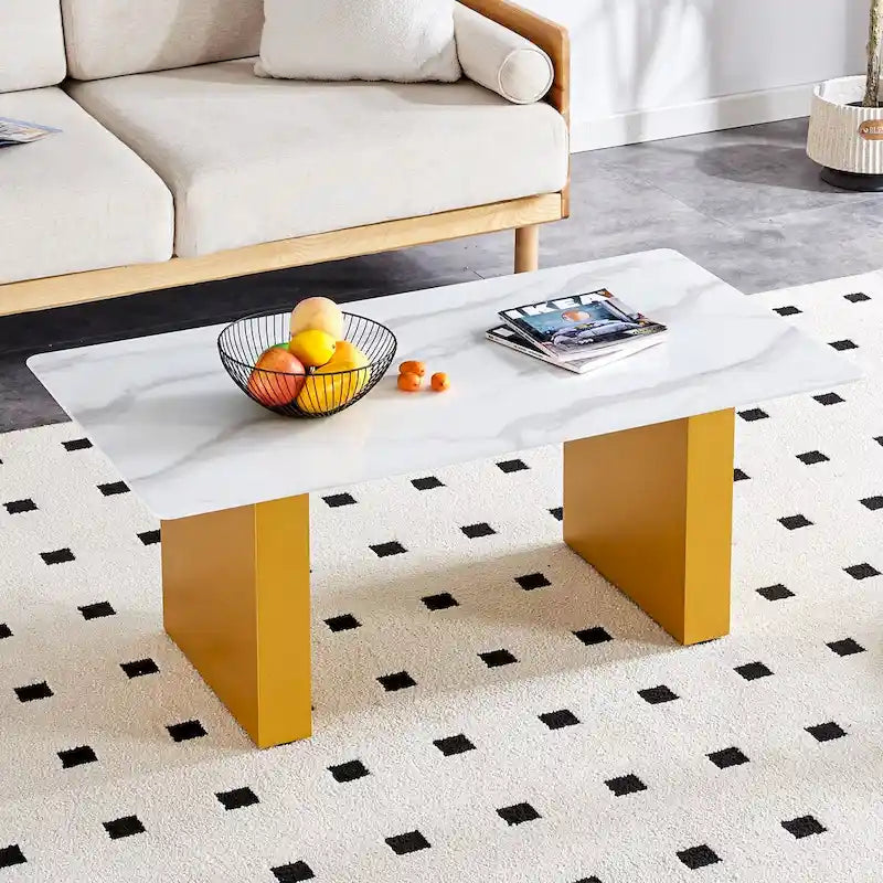 Marble-Top Coffee Table with Gold U-Shaped Base