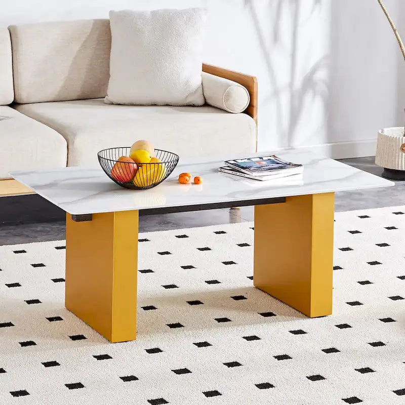 Marble-Top Coffee Table with Gold U-Shaped Base