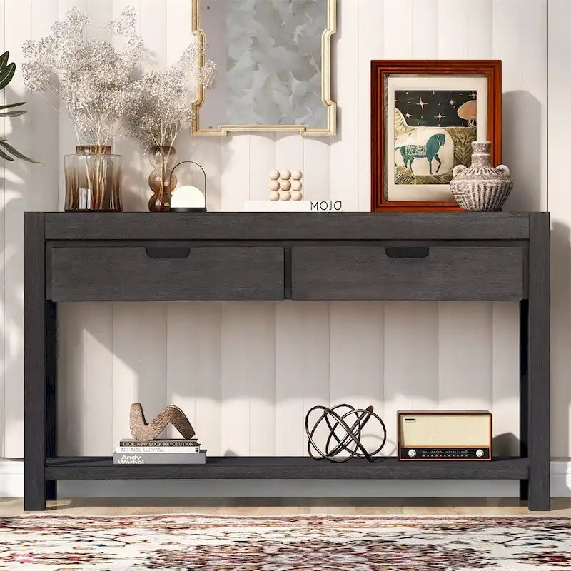 Wood Console Table with 2 Drawers and 1 Shelf for Hallway Living Room