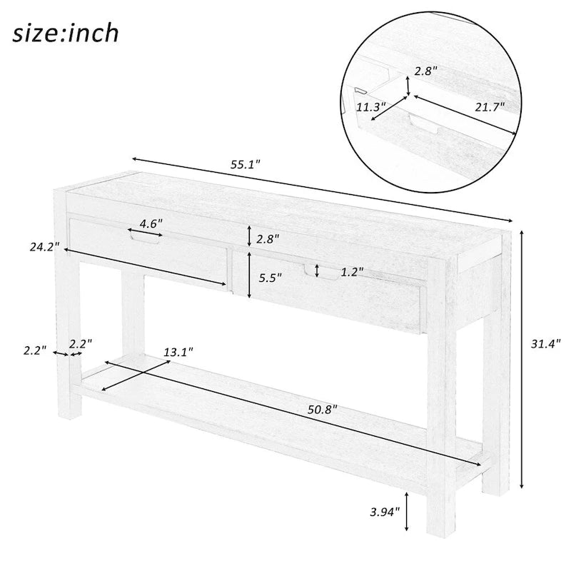 Wood Console Table with 2 Drawers and 1 Shelf for Hallway Living Room